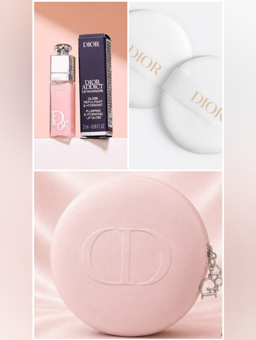 Dior-Round "CD" Logo Case- Mini Lip Gloss (001 Pink) & 2 Forever Cushion Puffs